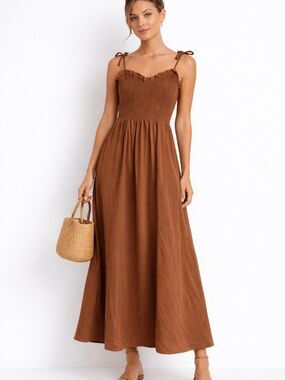 By The River Dress Large Brown Smocked Tie Strap Boho Maxi Summer Flowy
